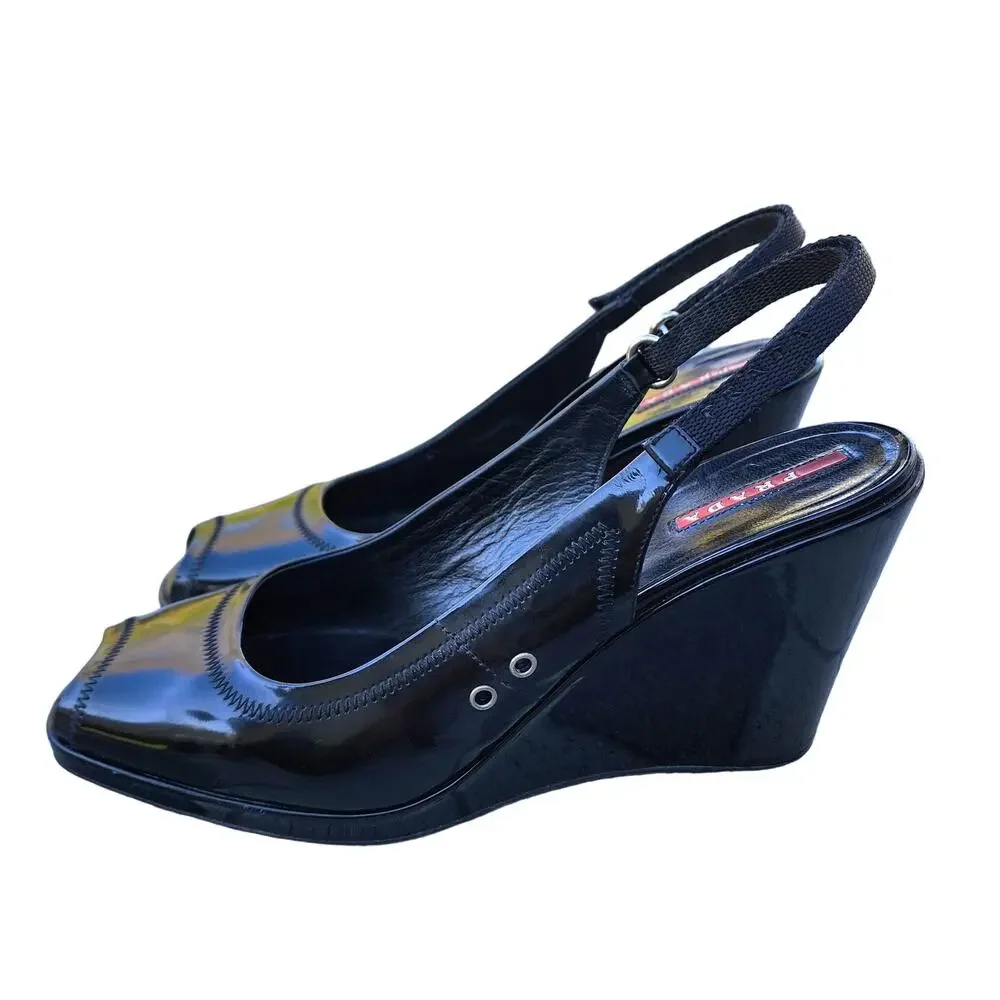 Prada Black Sport Patent Leather Peep Toe Wedge Slingback Sandals 41